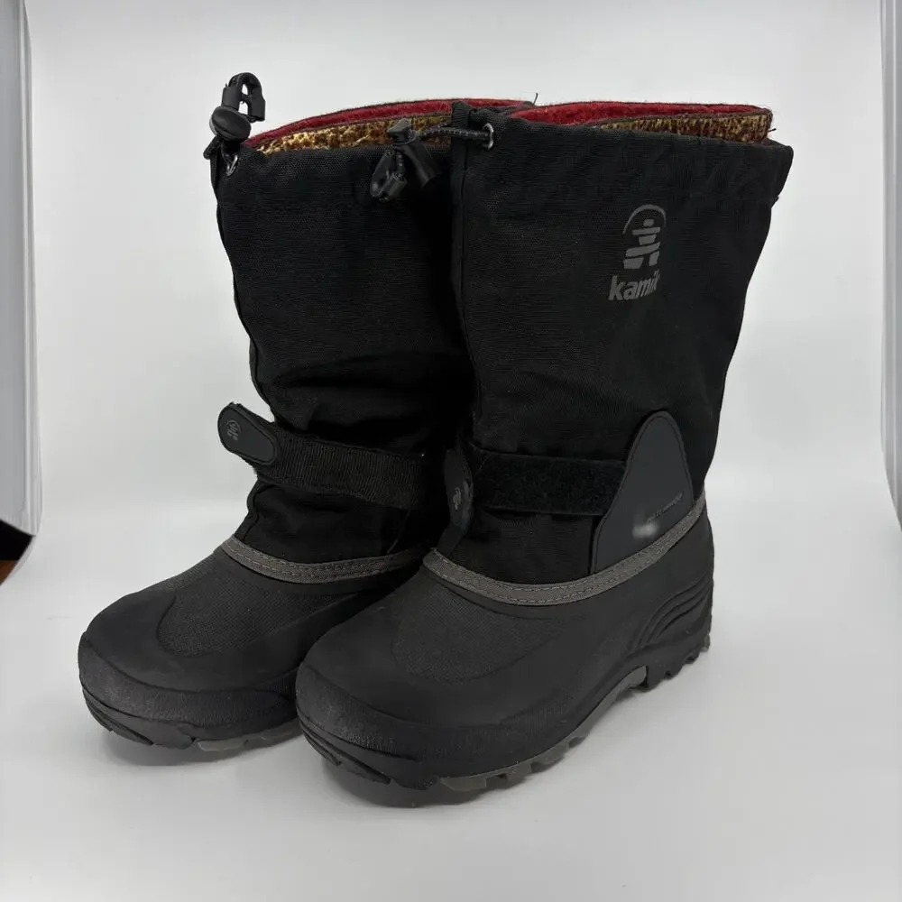 Kamik Waterproof Winter Snow Boots Black Red Lined Size 5 Drawstring Strap